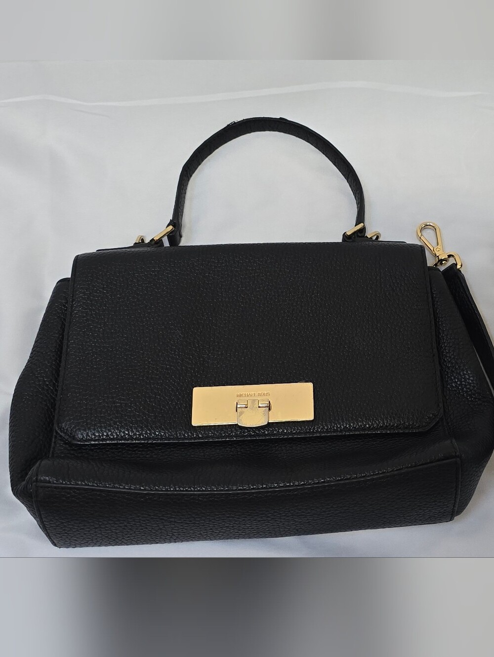 Michael Kors Callie Black Pebbled Leather Flap Top Handle Crossbody Satchel Bag
